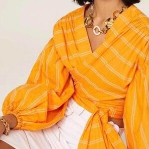 Acler Orange and White Puff Sleeve Wrap Blouse